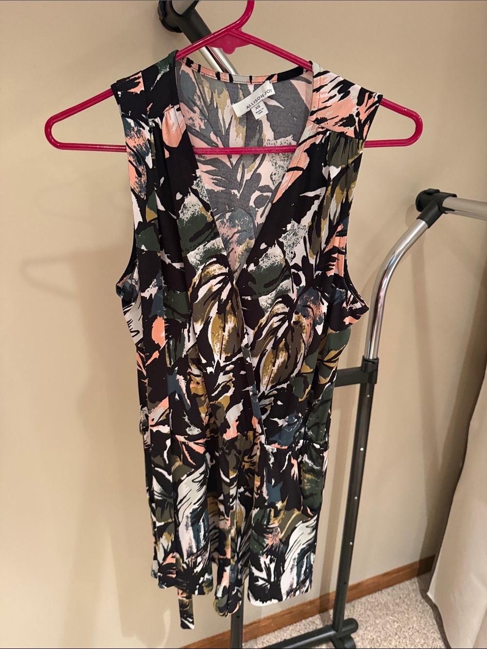 Allison Joy Black Floral Print Sleeveless Wrap Romper with Pink Accents